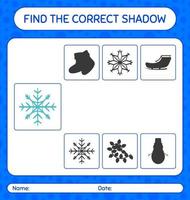 Find the correct shadows game with snowflake. worksheet for preschool kids, kids activity sheet vector