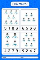 How many counting game with snowman. worksheet for preschool kids, kids activity sheet vector