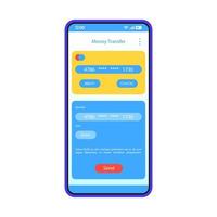 Money transfer app interface vector template. Mobile app interface blue design layout. E-payment. Online banking application. Digital transaction. Flat UI. Phone display with credit cards information