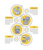 plantilla de infografía vectorial de juego. casino. póquer en línea, lotería, máquinas tragamonedas, jackpot. visualización de datos con cuatro pasos y opciones. gráfico de línea de tiempo del proceso. diseño de flujo de trabajo vector