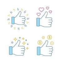 Like color icons set. Thumbs up, financial success. Good, nice, ok hand gestures. Social media voting. Rating, ranking. Isolated vector illustrations