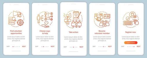 Volunteers finding onboarding mobile app page screen with linear concepts. Humanitarian help. Volunteer program walkthrough steps graphic instructions. UX, UI, GUI vector template with illustrations