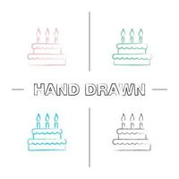 Birthday cake hand drawn icons set. Holiday sweet cake with candles and icing. Pastry product. Color brush stroke. Isolated vector sketchy illustrations