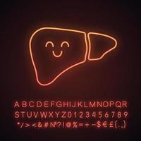 Smiling liver neon light icon. Healthy digestive gland. Liver health. Glowing sign with alphabet, numbers and symbols. Vector isolated illustration