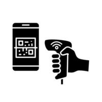 Payment QR with code scanner scanning phone screen glyph icon. Wifi barcode reader. Wireless QR code barcode scanner. Handheld matrix barcodes scanning. Silhouette symbol. Vector isolated illustration