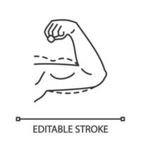 Male arm lift surgery linear icon. Brachioplasty for men. Thin line illustration. Plastic surgery for man. Surgical arm reshaping. Contour symbol. Vector isolated outline drawing. Editable stroke