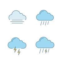 Weather forecast color icons set. Autumn. Fog, rainy weather, thunder, thunderstorm. Isolated vector illustrations