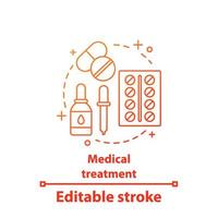 Medical treatment concept icon. Medications. Pharmacy idea thin line illustration. Medicine. Drops, dropper and pills. Vector isolated outline drawing. Editable stroke