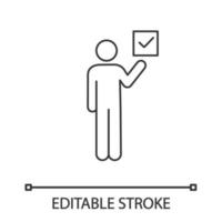 Voter linear icon. Electorate. Make choice. Thin line illustration. Person holding checkbox. Expressing opinion. Contour symbol. Vector isolated outline drawing. Editable stroke