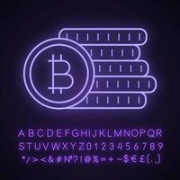 Bitcoin coins stack neon light icon. Cryptocurrency deposit. Digital money. Glowing sign with alphabet, numbers and symbols. Vector isolated illustration