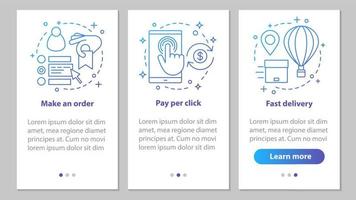 pantalla de página de la aplicación móvil de incorporación de compras en línea con conceptos lineales. compra digital. realizar un pedido, pago por clic, entrega rápida. pasos instrucciones gráficas. Ilustraciones de vectores ux, ui, gui