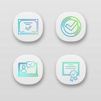 Approve app icons set. Verification and validation. Chat approved, certificate, check mark. UI UX user interface. Web or mobile applications. Vector isolated illustrations