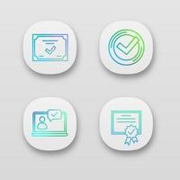 Approve app icons set. Verification and validation. Chat approved, certificate, check mark. UI UX user interface. Web or mobile applications. Vector isolated illustrations