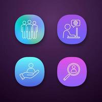 Business management app icons set. Team, technical support, staff searching, HR management. UI UX user interface. Web or mobile applications. Vector isolated illustrations