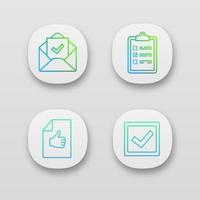 Approve app icons set. Verification and validation. Task planning, email confirmation, checkbox, approval document. UI UX user interface. Web or mobile applications. Vector isolated illustrations