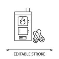 Solid fuel boiler linear icon. House central heater. Thin line illustration. Firewood boiler with two chambers. Heating system. Contour symbol. Vector isolated outline drawing. Editable stroke