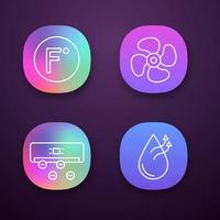 Air conditioning app icons set. Fahrenheit degrees, exhaust fan, ionizer, air humidification. UI UX user interface. Web or mobile applications. Vector isolated illustrations