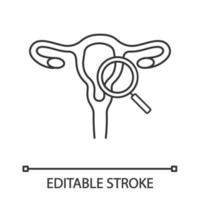 Gynecological exam linear icon. Female reproductive system examination. Thin line illustration. Uterus, fallopian tubes, vagina with magnifying glass. Vector isolated illustration. Editable stroke