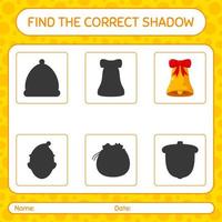 Find the correct shadows game with bell. worksheet for preschool kids, kids activity sheet vector