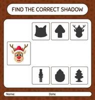 Find the correct shadows game with reindeer. worksheet for preschool kids, kids activity sheet vector