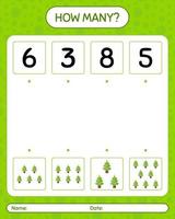 How many counting game with christmas tree. worksheet for preschool kids, kids activity sheet vector