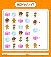 How many counting game with christmas icon. worksheet for preschool kids, kids activity sheet vector