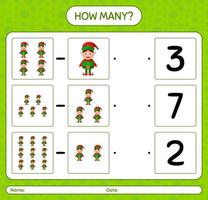 How many counting game with elf. worksheet for preschool kids, kids activity sheet vector