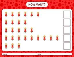 How many counting game with doll. worksheet for preschool kids, kids activity sheet vector