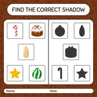 encuentra el juego de sombras correcto con el icono de navidad. hoja de trabajo para niños en edad preescolar, hoja de actividades para niños vector