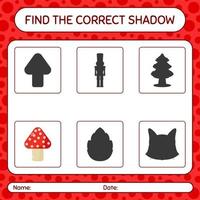 encuentra el juego de sombras correcto con hongos. hoja de trabajo para niños en edad preescolar, hoja de actividades para niños vector