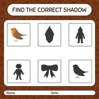 Find the correct shadows game with robin bird. worksheet for preschool kids, kids activity sheet vector