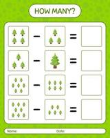 How many counting game with christmas tree. worksheet for preschool kids, kids activity sheet vector