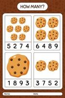 How many counting game with cookie. worksheet for preschool kids, kids activity sheet vector