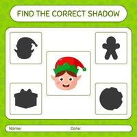 encuentra el juego de sombras correcto con elf. hoja de trabajo para niños en edad preescolar, hoja de actividades para niños vector