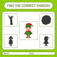 Find the correct shadows game with elf. worksheet for preschool kids, kids activity sheet vector