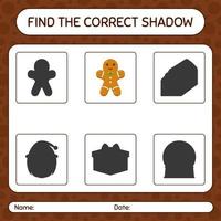 encuentra el juego de sombras correcto con galleta de jengibre. hoja de trabajo para niños en edad preescolar, hoja de actividades para niños vector