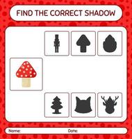 encuentra el juego de sombras correcto con hongos. hoja de trabajo para niños en edad preescolar, hoja de actividades para niños vector