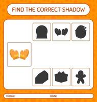 Find the correct shadows game with glove. worksheet for preschool kids, kids activity sheet vector