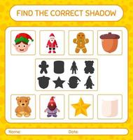 encuentra el juego de sombras correcto con el icono de navidad. hoja de trabajo para niños en edad preescolar, hoja de actividades para niños vector