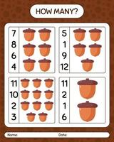 How many counting game with acorn. worksheet for preschool kids, kids activity sheet vector
