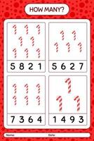 How many counting game with candy cane. worksheet for preschool kids, kids activity sheet vector
