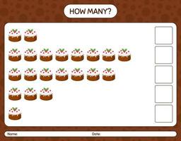 How many counting game with christmas cake. worksheet for preschool kids, kids activity sheet vector