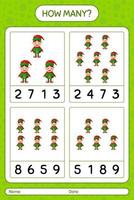 How many counting game with elf. worksheet for preschool kids, kids activity sheet vector