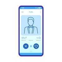 Dating app profile interface vector template. Mobile app interface blue design layout. Online dating smartphone application. Flat UI. Phone display with man's profile information