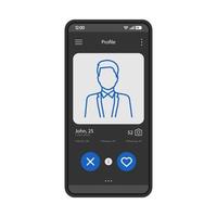 Dating app profile interface vector template. Mobile app interface black design layout. Online dating smartphone application. Flat UI. Phone display with man's profile information