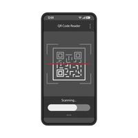 QR code scanning app interface vector template. Mobile app interface black design layout. 2D code smartphone reader. Flat UI. Phone display with matrix barcode scanner
