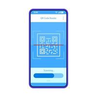 QR code scanning app interface vector template. Mobile app interface blue design layout. 2D code smartphone reader. Flat UI. Phone display with matrix barcode scanner