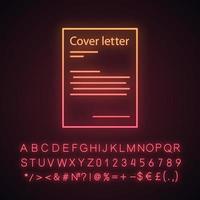 Cover letter neon light icon. Job application. Introduction letter. Document. Glowing alphabet, numbers. Vector isolated illustration