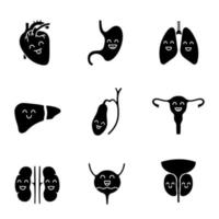 Smiling human internal organs glyph icons set. Respiratory, urinary, reproductive, digestive systems health. Silhouette symbols. Vector isolated illustration