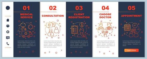 Clinic center onboarding mobile web pages vector template. Medicine and healthcare. Doctor appointment. Smartphone website interface idea with linear illustrations. Webpage walkthrough step screens